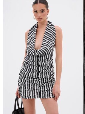 AKIRA Black and White Striped Cowl Neck Mini Dress